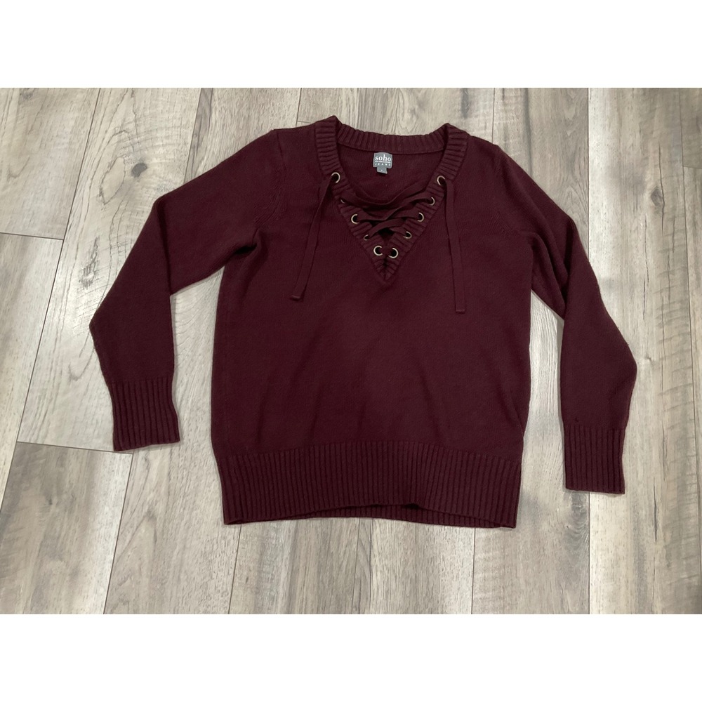 Soho Jeans New York & Company Burgundy Lace Up V-Neck Sweater Womens Large Wine